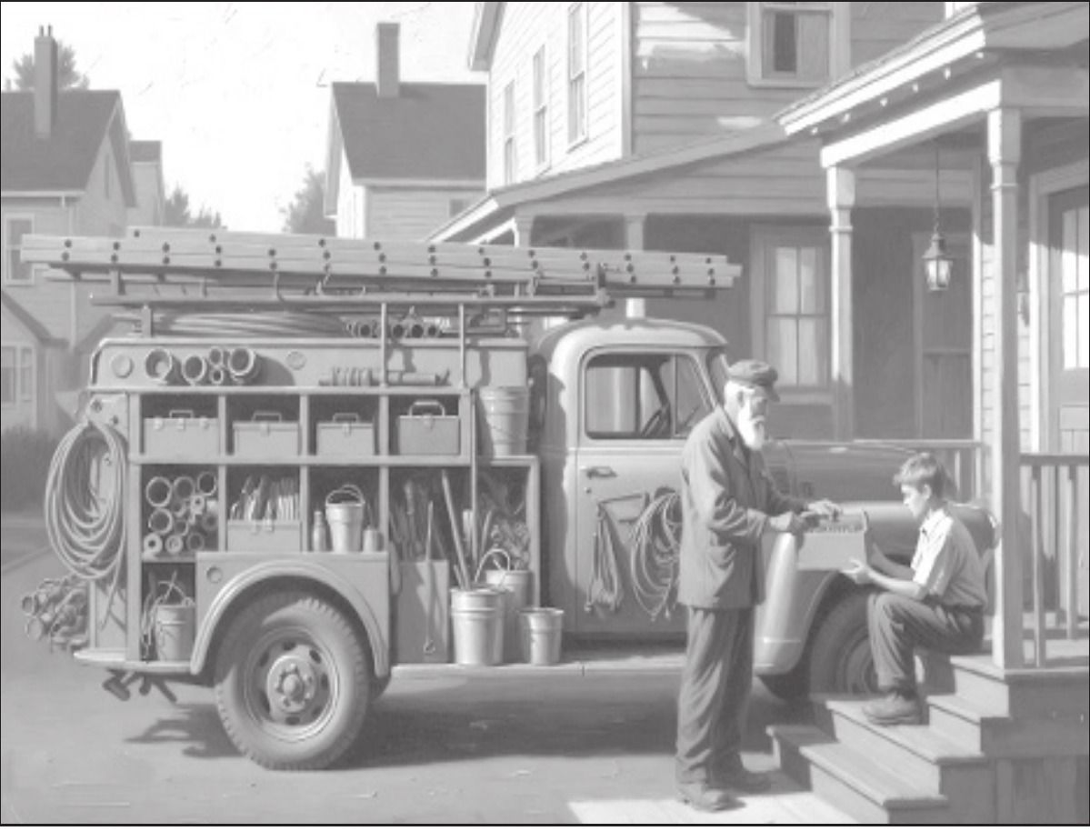 A vintage fire engine in a small-town street